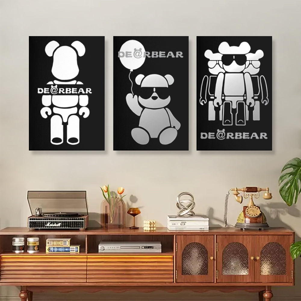 Black And White Decorative Bear,Triple Frameless Canvas Painting