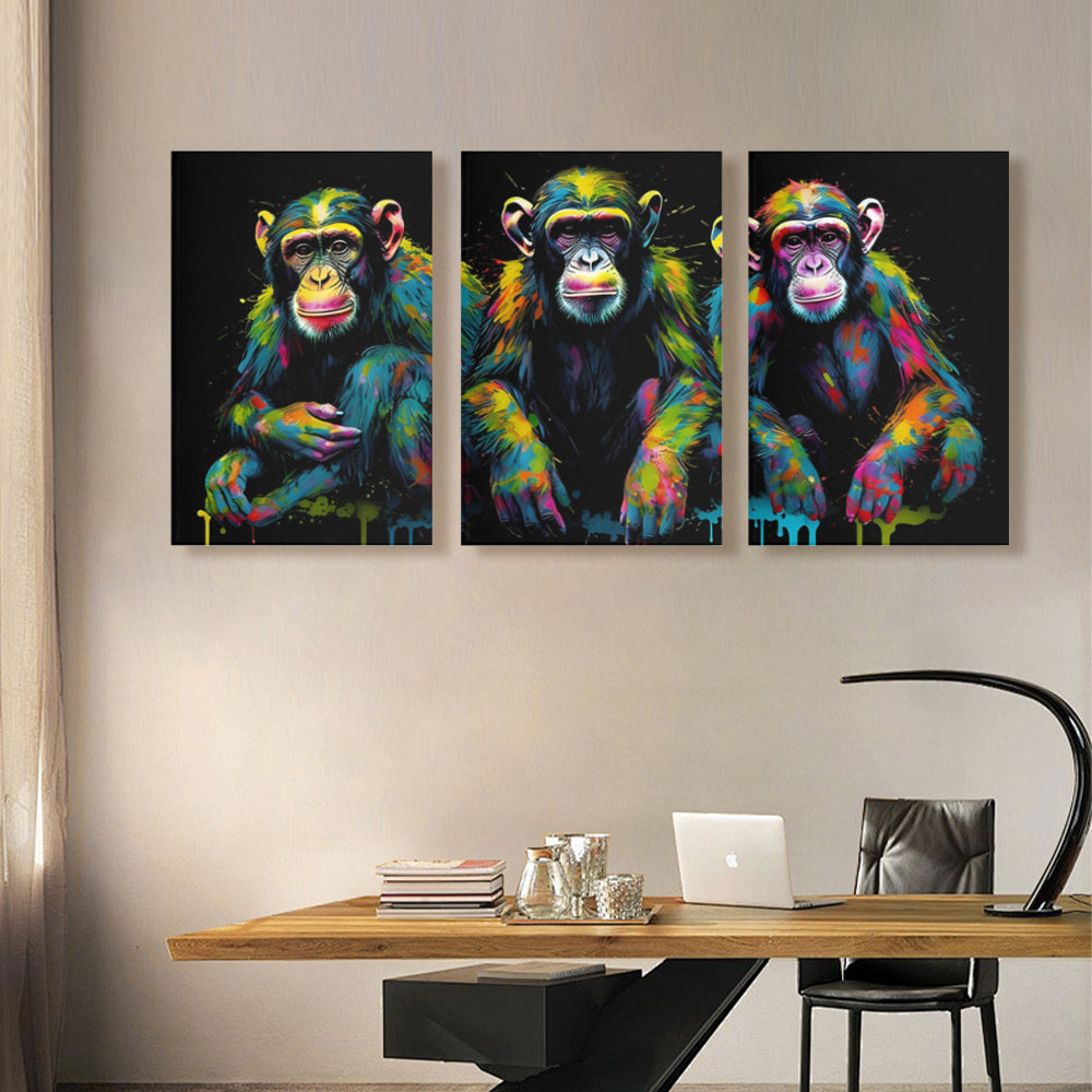 Colorful Monkey Creative Design,Triple Frameless Canvas Painting.