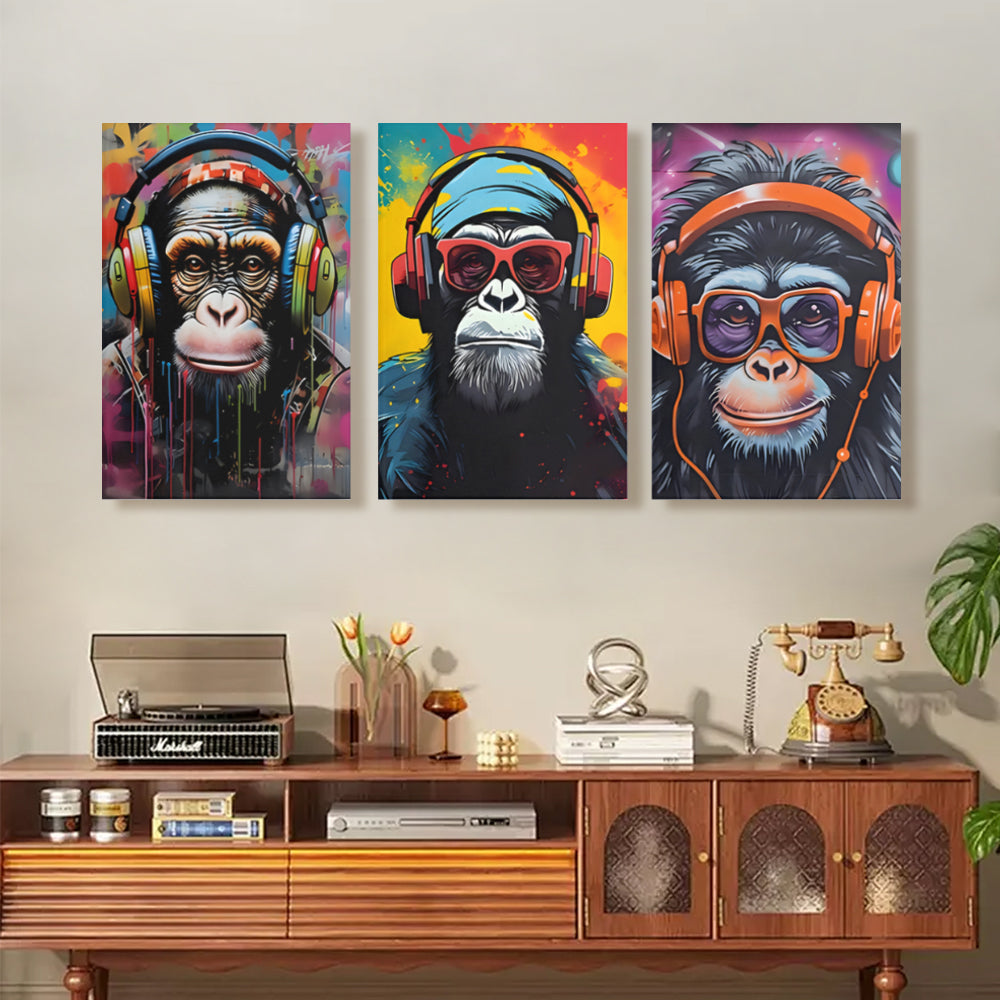 Monkey With Headphones Creative Pattern Design,Triple Frameless Canvas Painting.