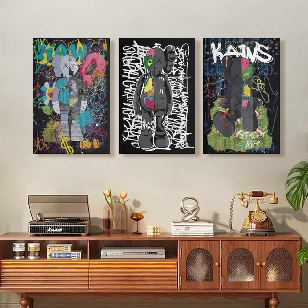 Messy Bear Creative Pattern Design,Triple Frameless Canvas Painting.