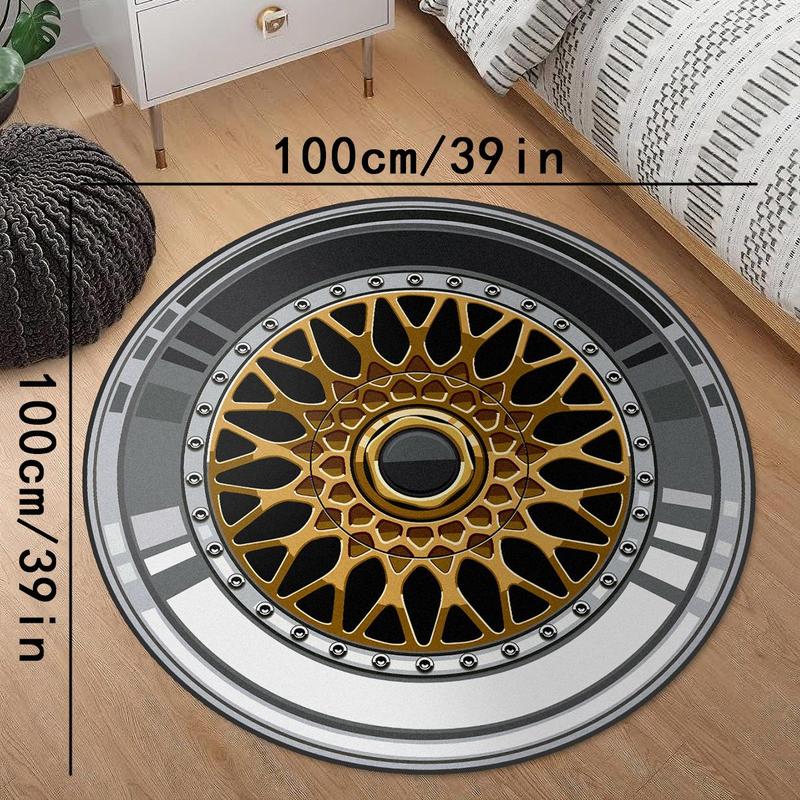 Yellow Car Tire Pattern Round Creative Non-slip Soft Comfortable Area Floormat