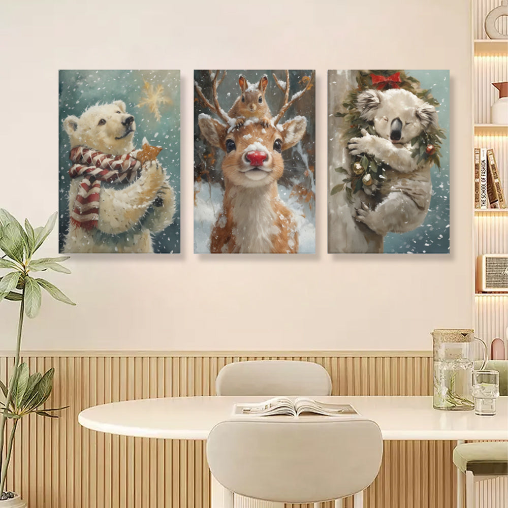 Winter Snow Scene Cute Animals,Triple Frameless Canvas Painting.