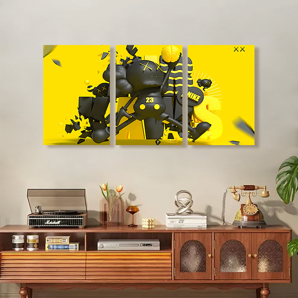 Yellow Jumping Bear,Triple Frameless Canvas Painting.