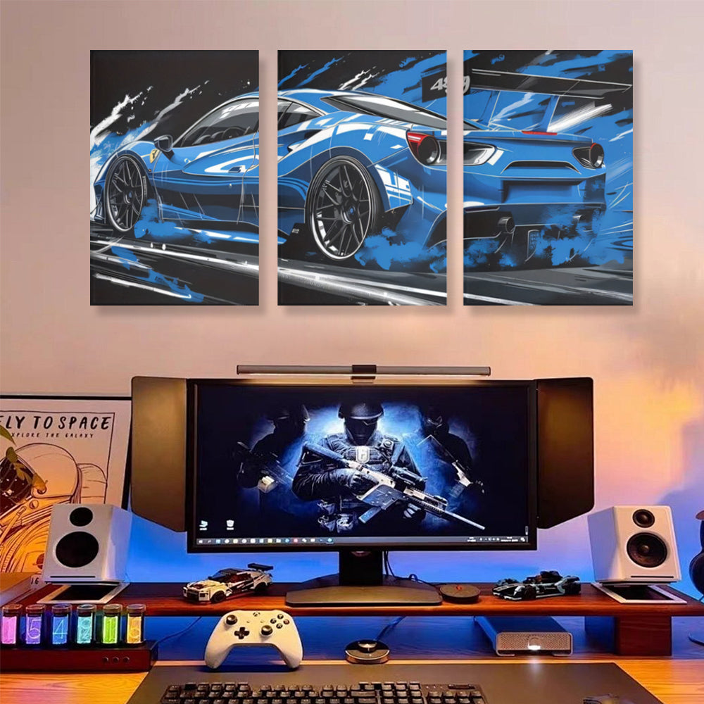 Blue Cool Car,Triple Frameless Canvas Painting