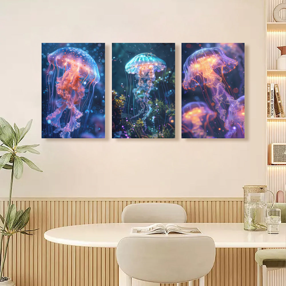 Colorful Jellyfish Creative Pattern Design,Triple Frameless Canvas Painting.