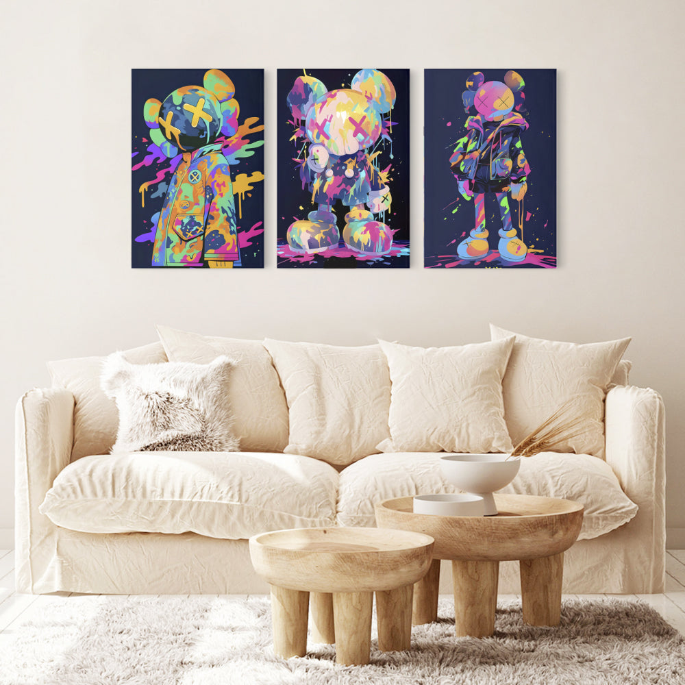 Colorful Violent Bear Graffiti,Triple Frameless Canvas Painting