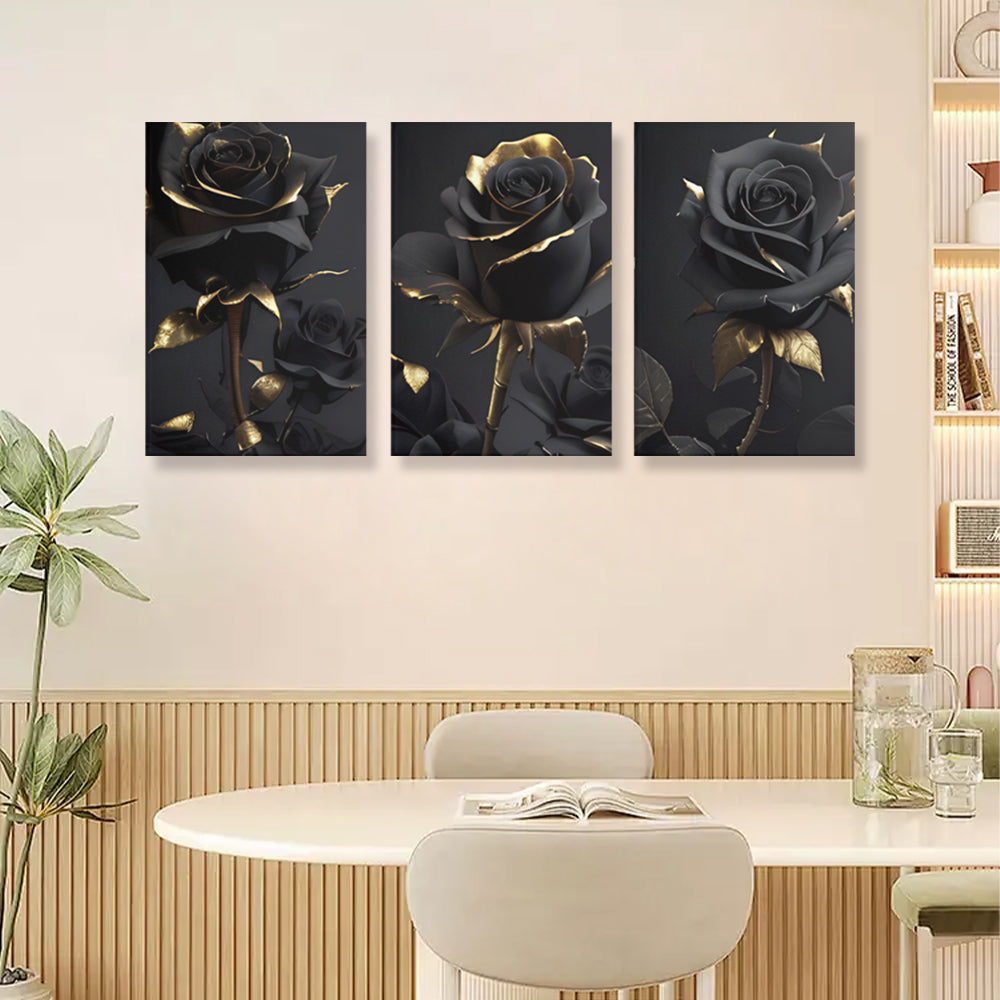 Black Gold Rose,Triple Frameless Canvas Painting