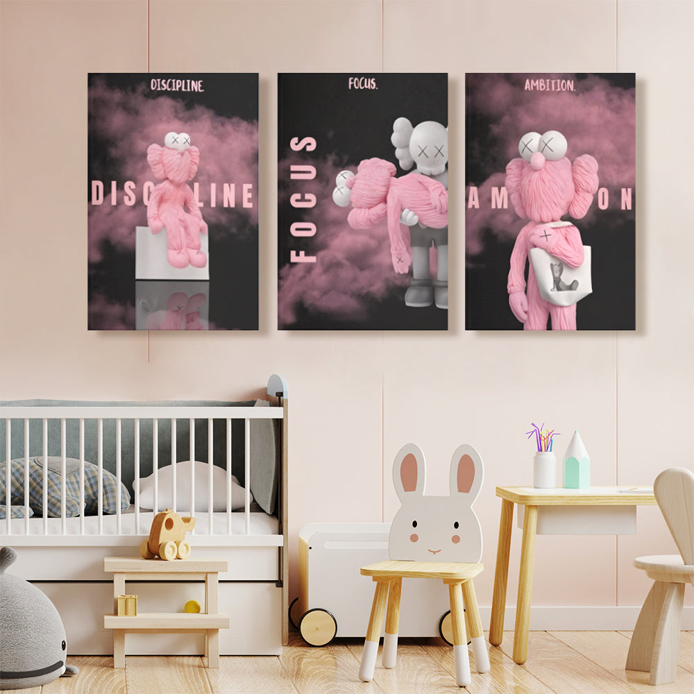 Pink Bear Creative Pattern Design,Triple Frameless Canvas Painting.