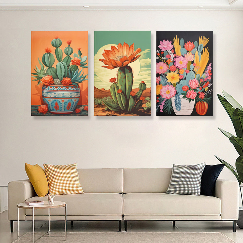 Mexican Cactus,Triple Frameless Canvas Painting.