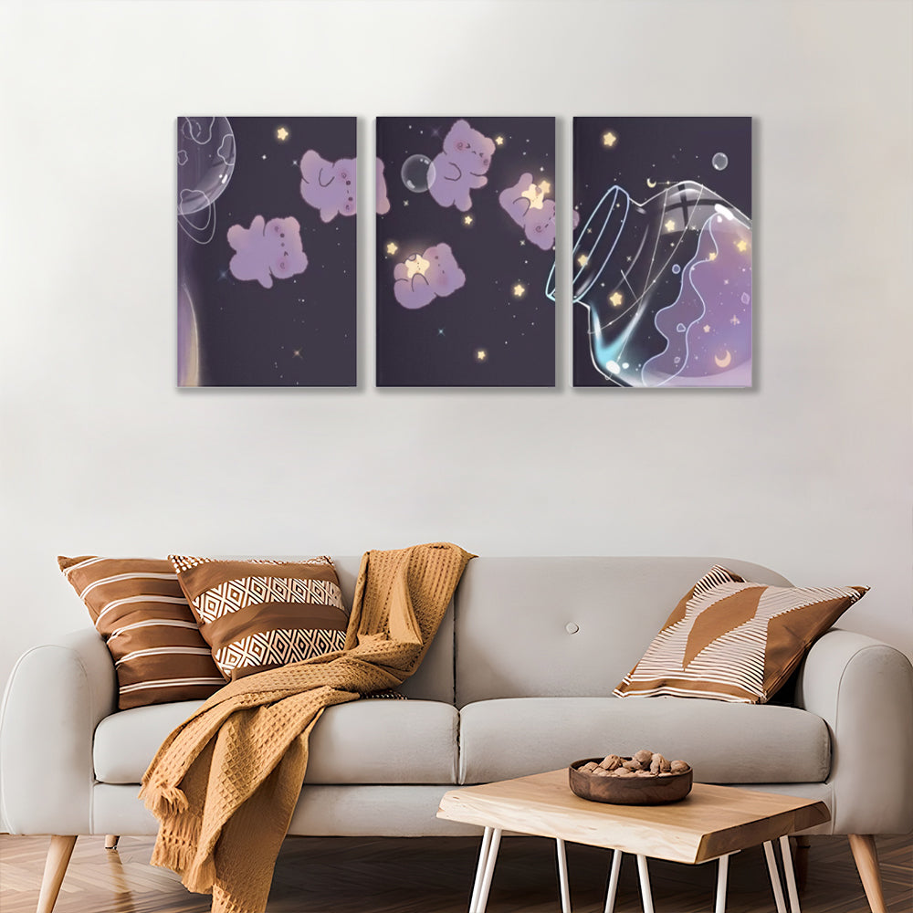 Cute Bear Jar,Triple Frameless Canvas Painting.