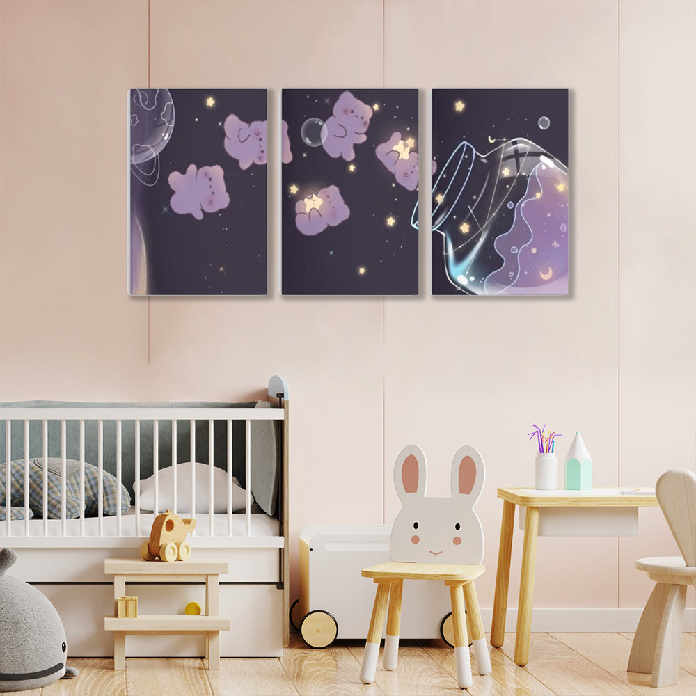 Cute Bear Jar,Triple Frameless Canvas Painting.