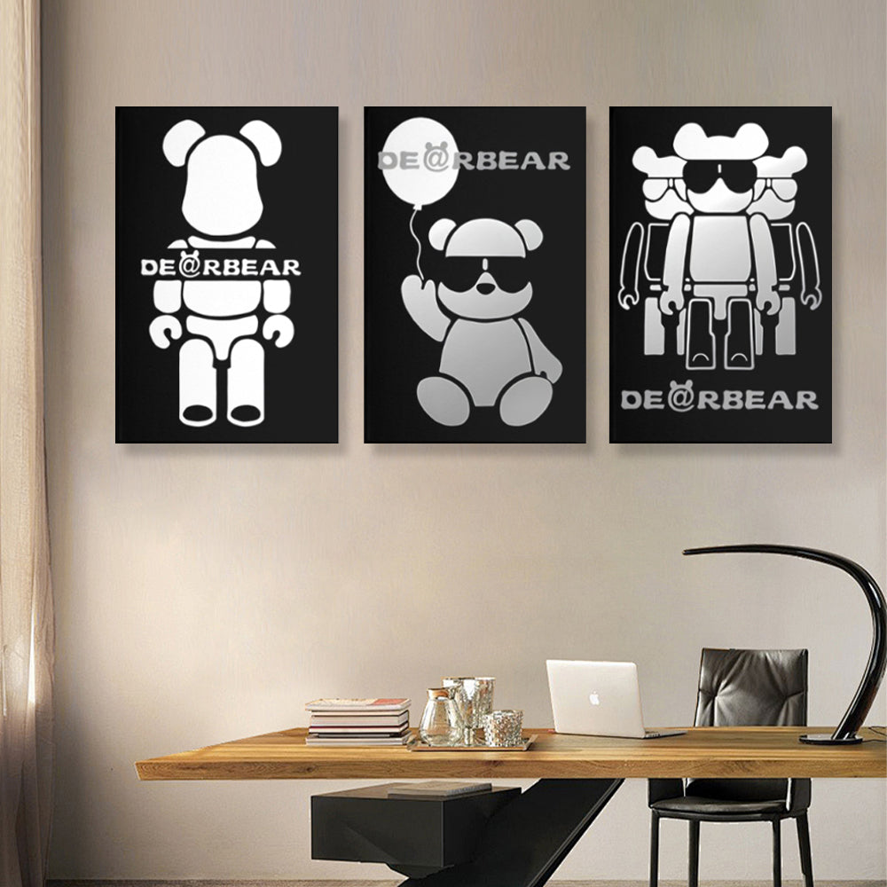 Black And White Decorative Bear,Triple Frameless Canvas Painting