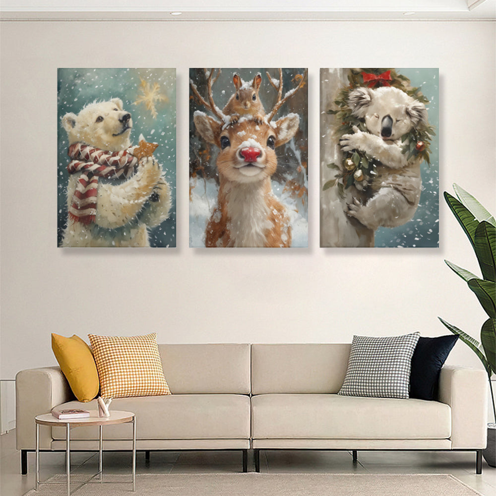 Winter Snow Scene Cute Animals,Triple Frameless Canvas Painting.