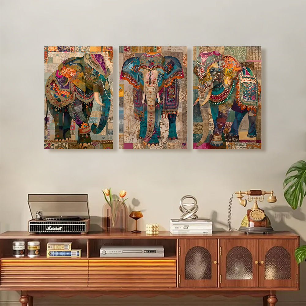 Elephant Creative Pattern Design,Triple Frameless Canvas Painting.