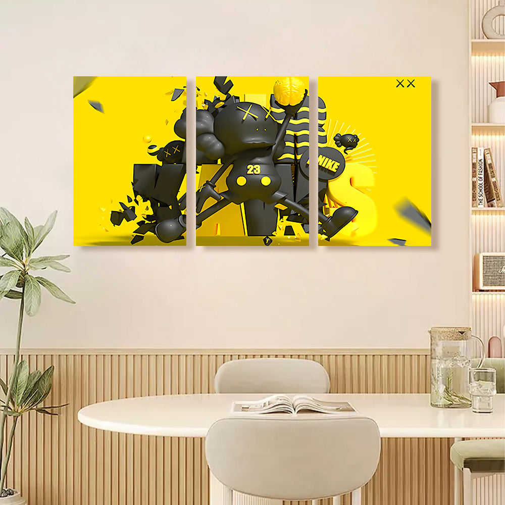Yellow Jumping Bear,Triple Frameless Canvas Painting.