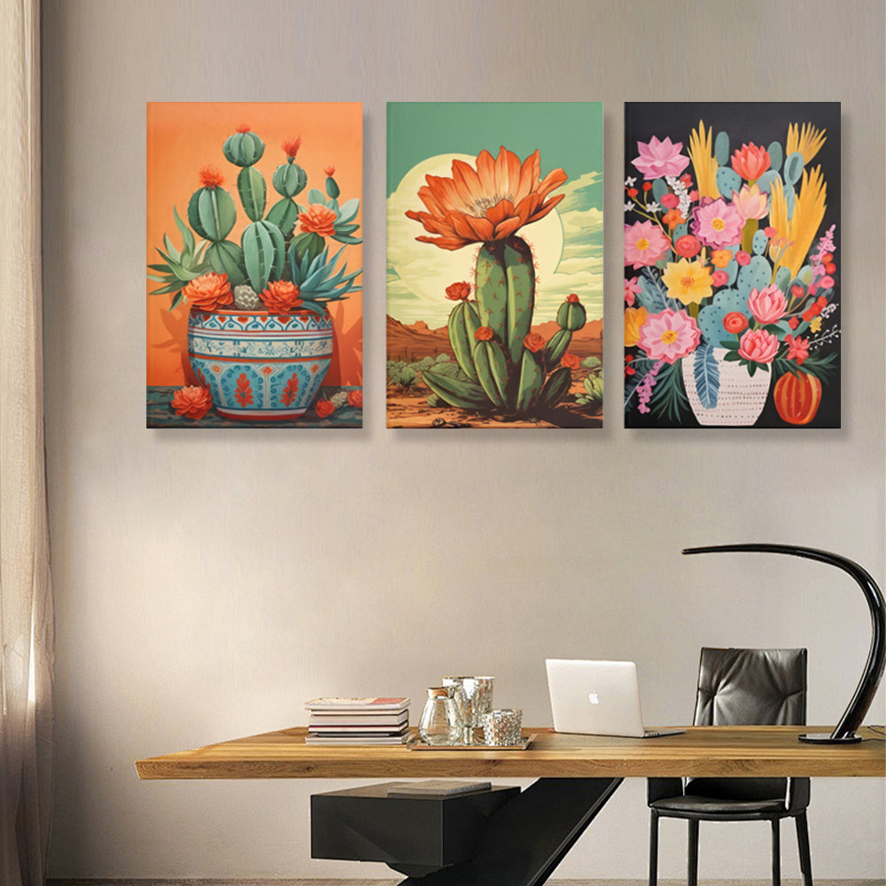Mexican Cactus,Triple Frameless Canvas Painting.