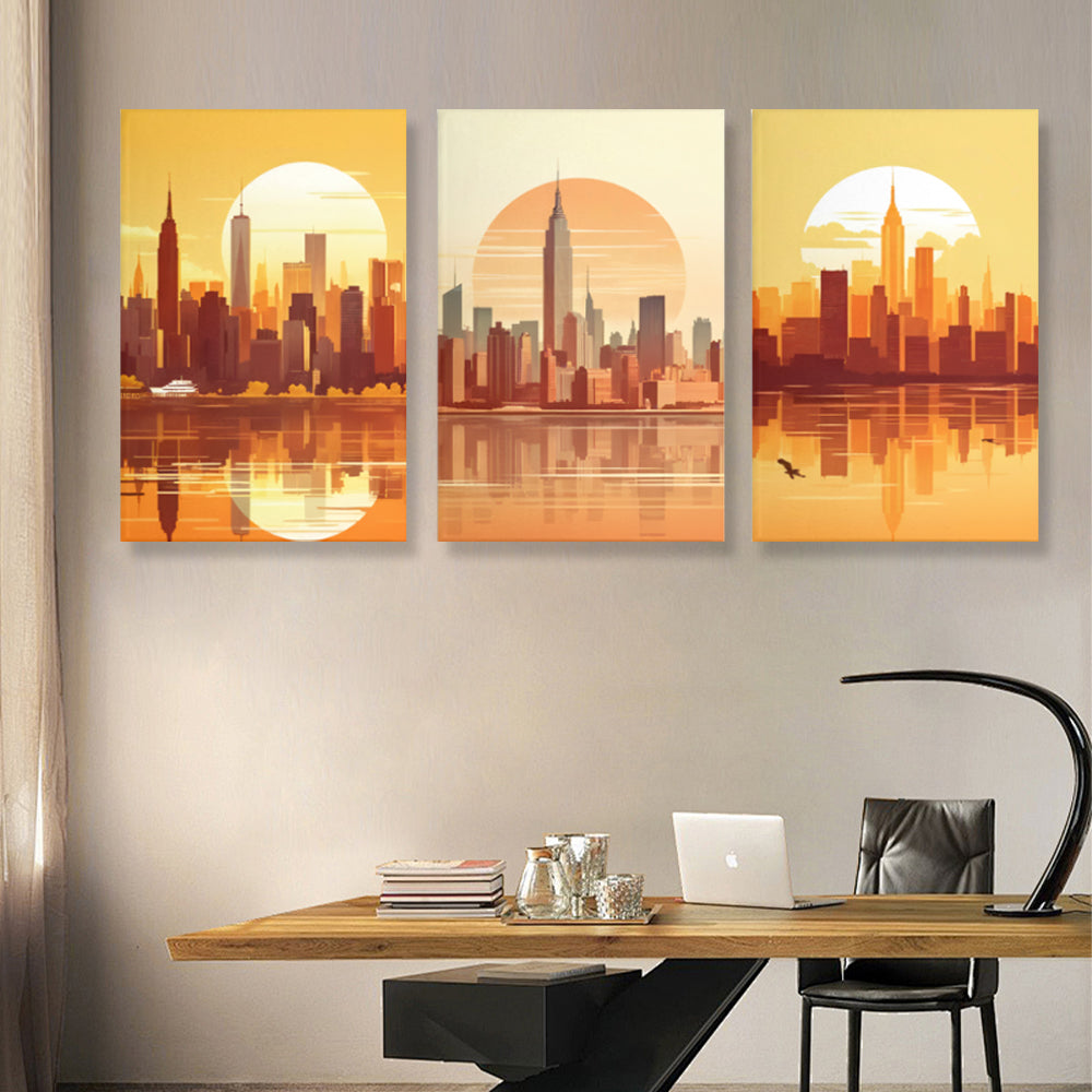 Sunset City,Triple Frameless Canvas Painting.