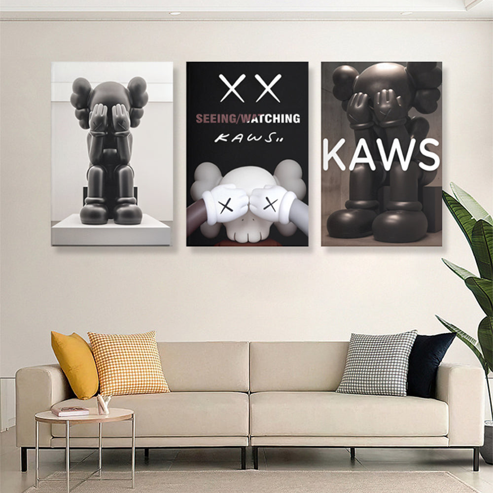 Cute Bear Covering Face,Triple Frameless Canvas Painting.