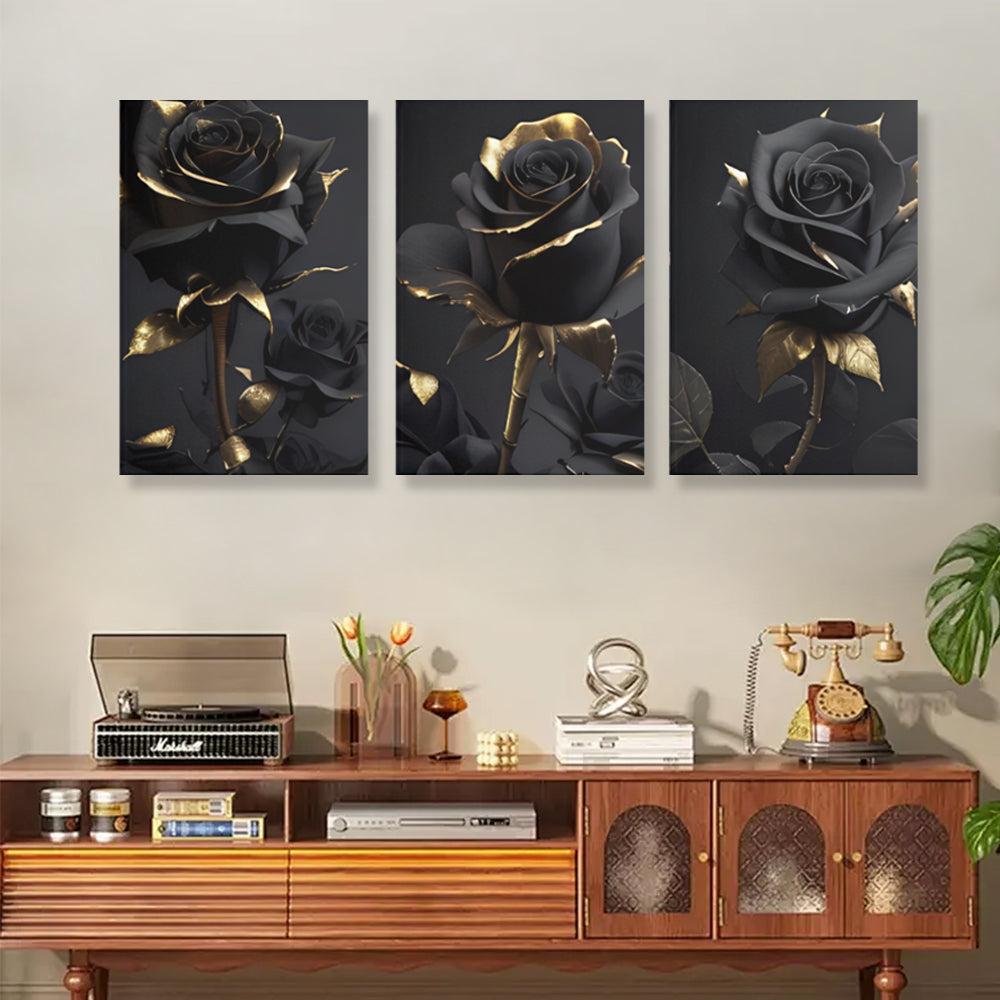 Black Gold Rose,Triple Frameless Canvas Painting