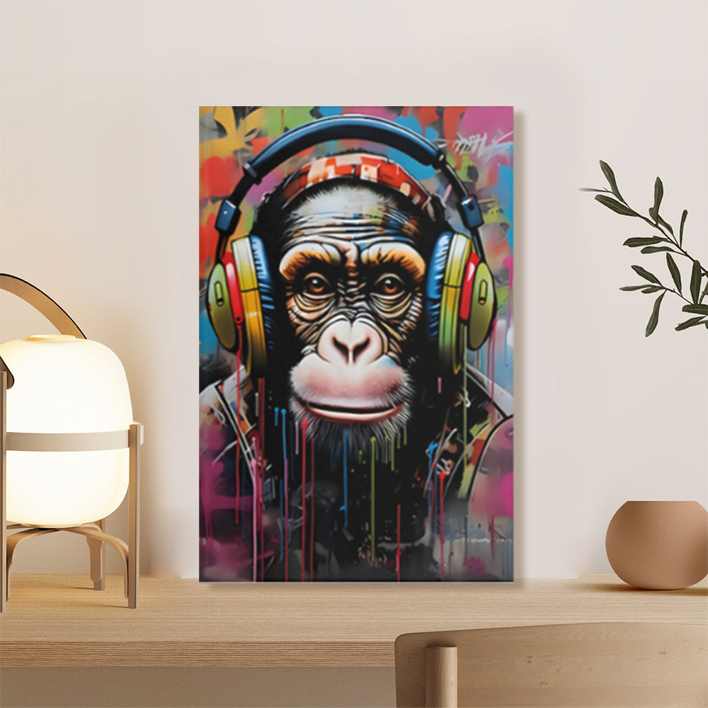 Monkey With Headphones Creative Pattern Design,Triple Frameless Canvas Painting.