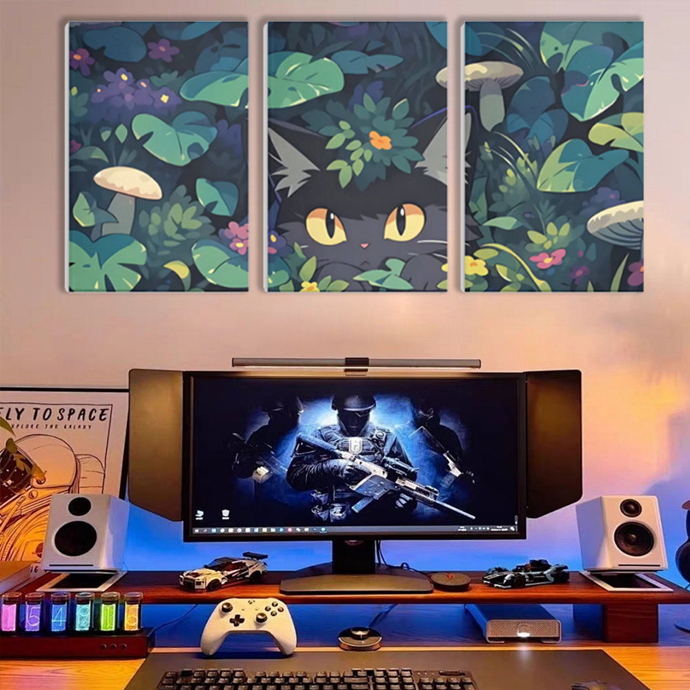 Jungle Illustration Kitten,Triple Frameless Canvas Painting.