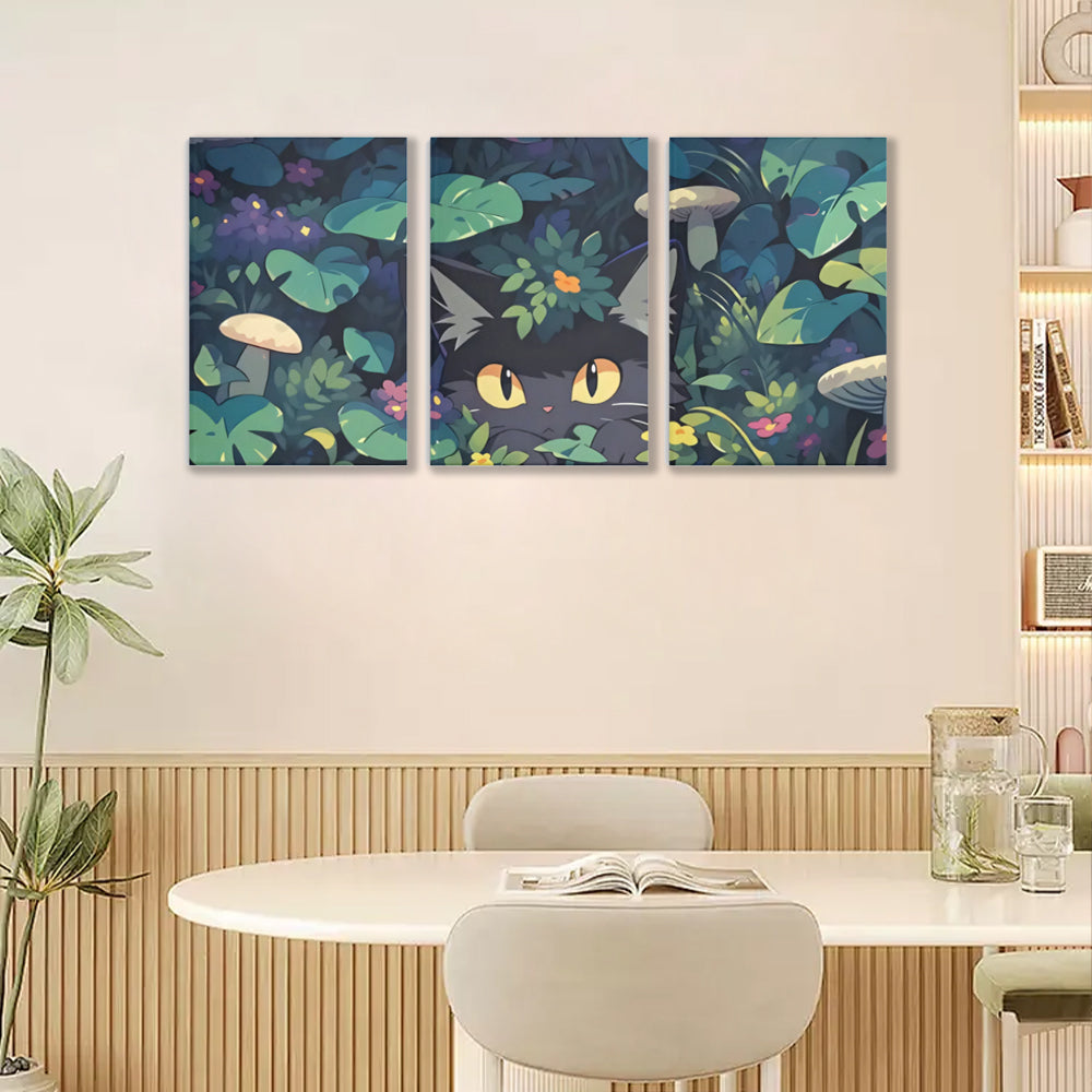 Jungle Illustration Kitten,Triple Frameless Canvas Painting.