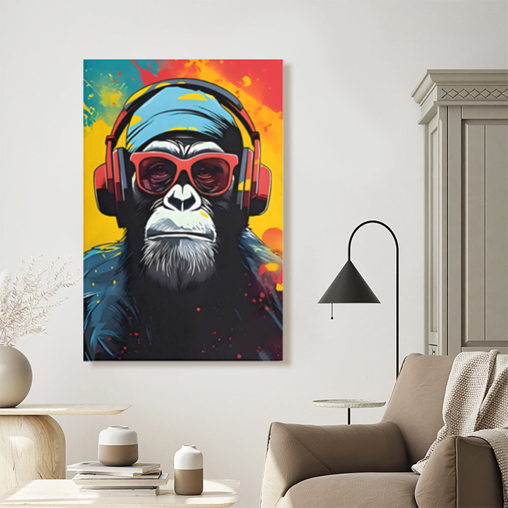 Monkey With Headphones Creative Pattern Design,Triple Frameless Canvas Painting.