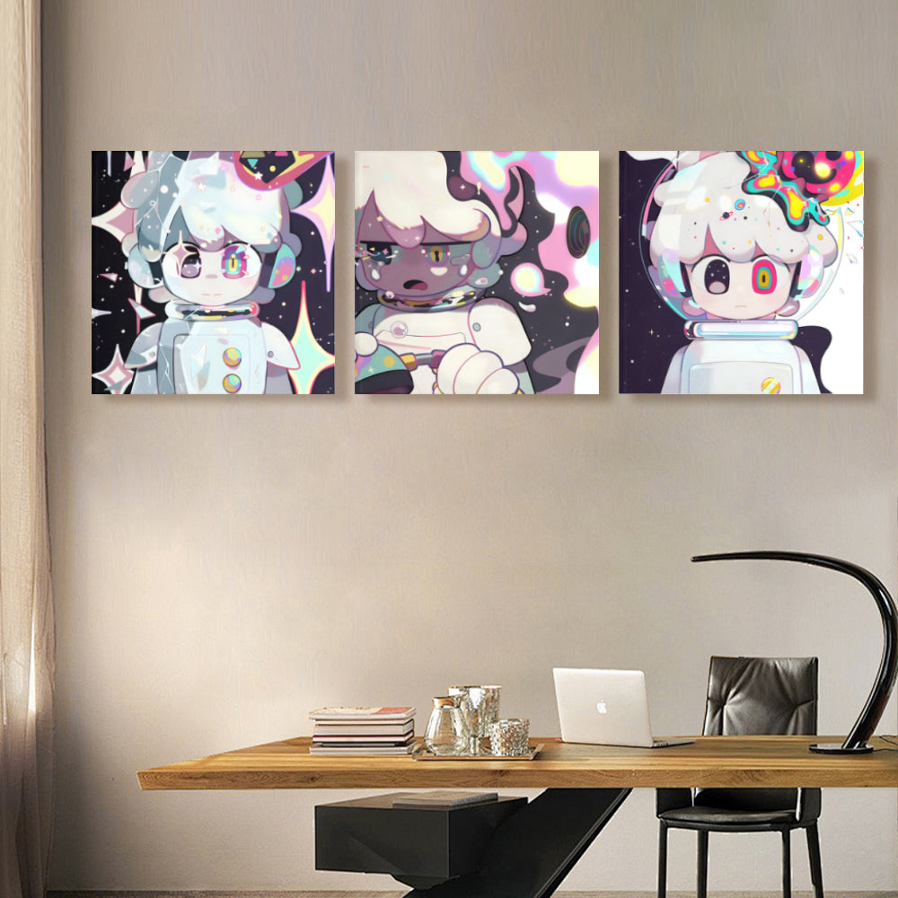 Cartoon Astronaut Creative Pattern,Square Triple Frameless Canvas Painting
