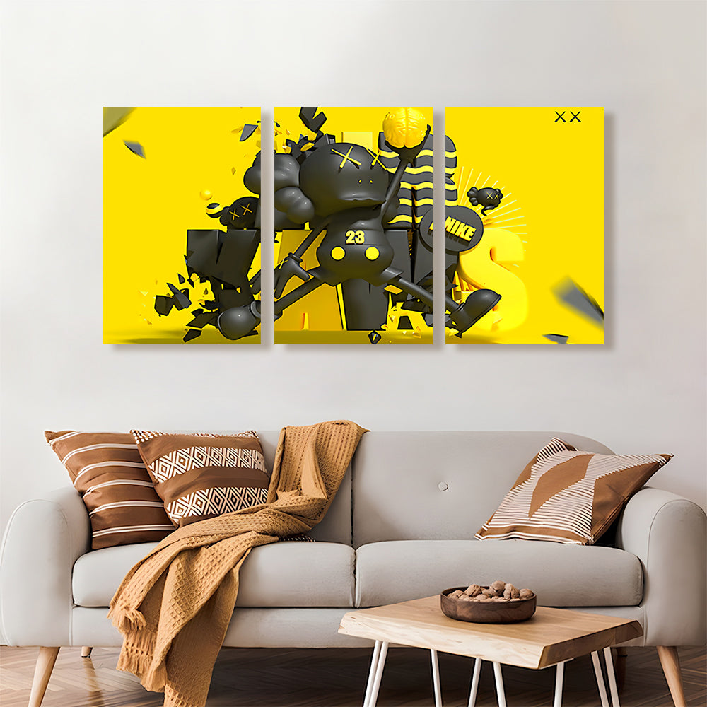 Yellow Jumping Bear,Triple Frameless Canvas Painting.