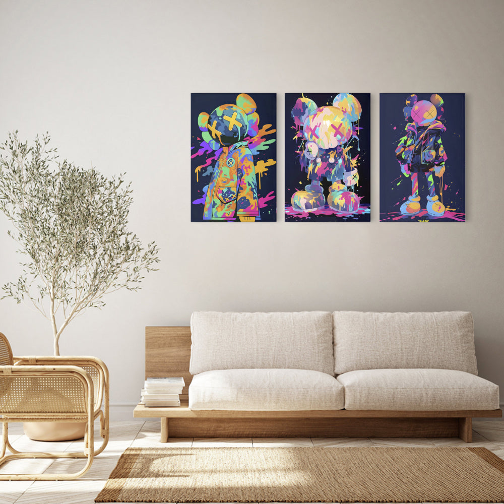 Colorful Violent Bear Graffiti,Triple Frameless Canvas Painting