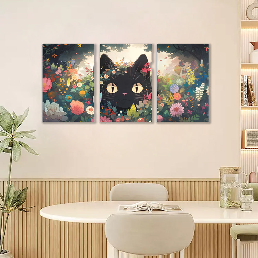 Cute Kitten With Flowers Illustration,Triple Frameless Canvas Painting.
