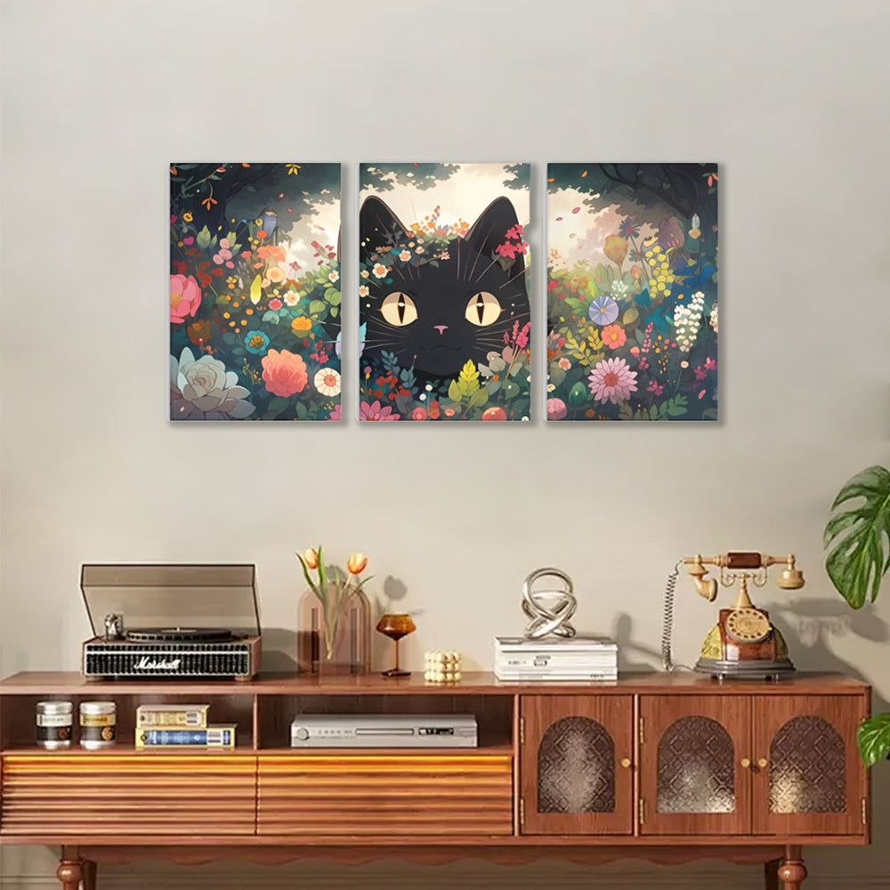 Cute Kitten With Flowers Illustration,Triple Frameless Canvas Painting.