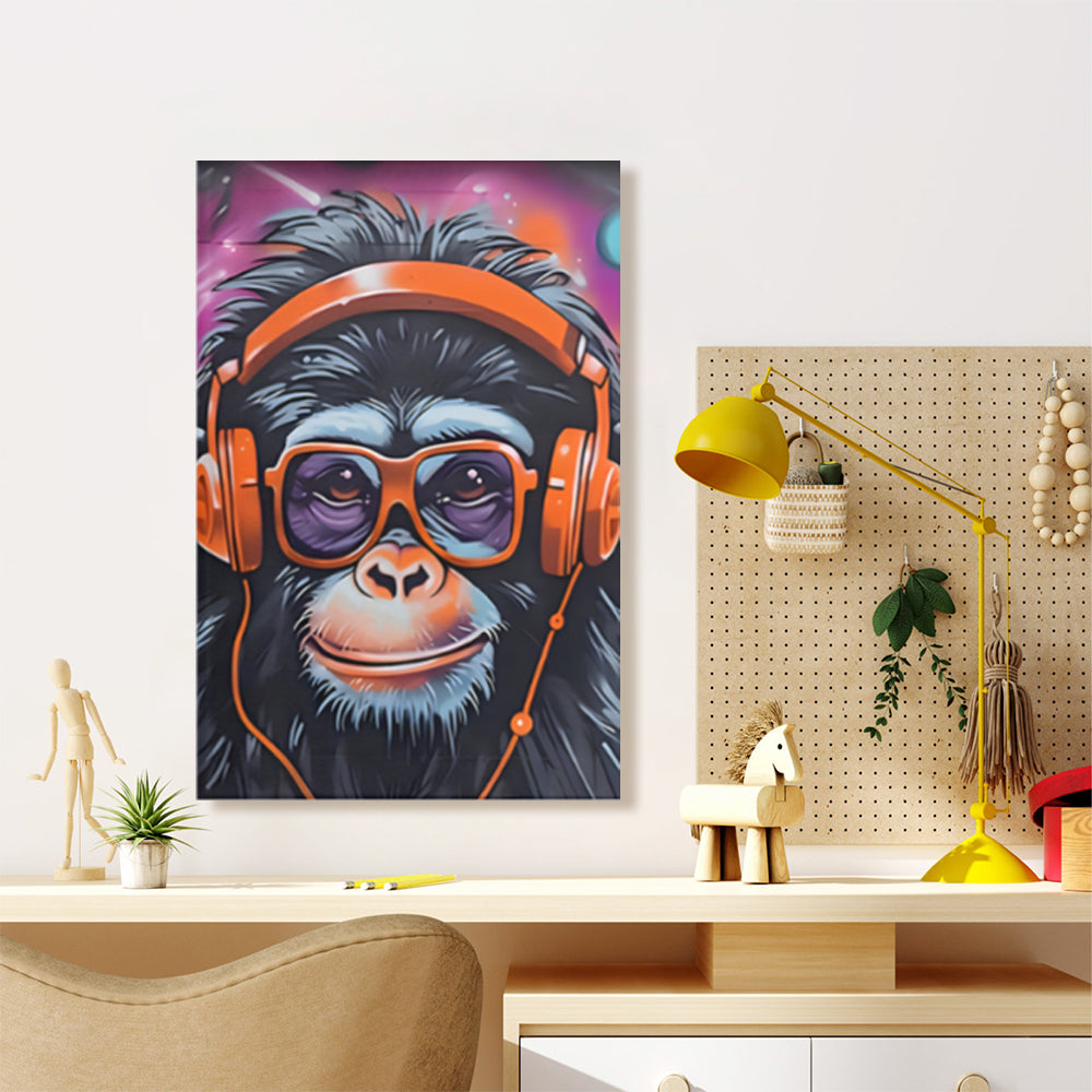 Monkey With Headphones Creative Pattern Design,Triple Frameless Canvas Painting.