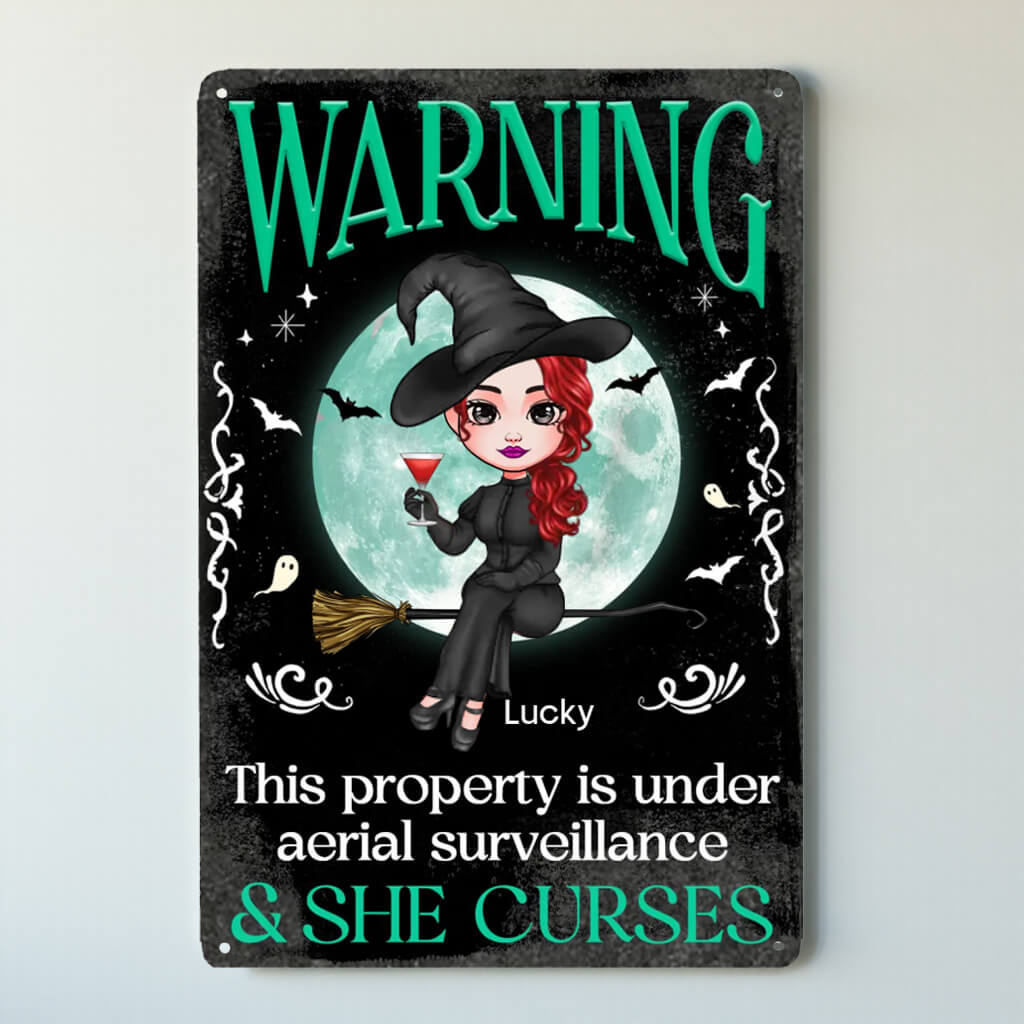 Warning This Property Is Under Aerial Surveillance - Personalized Custom Home Decor Witch Classic Metal Sign, Backyard Sign - Halloween Gift For Witches, Yourself