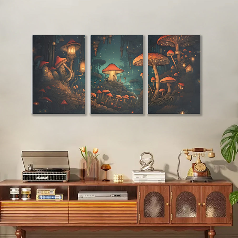 Mushroom House Creative Design,Triple Frameless Canvas Painting.