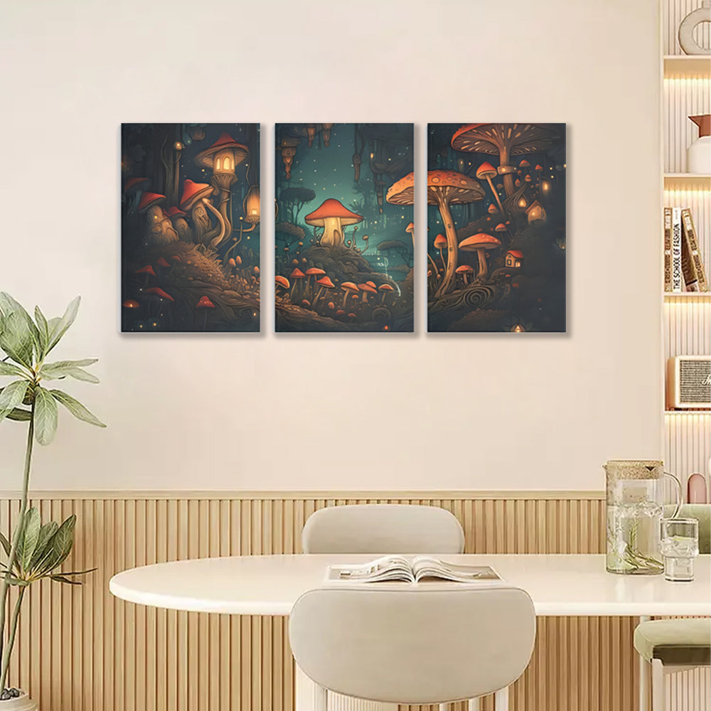 Mushroom House Creative Design,Triple Frameless Canvas Painting.