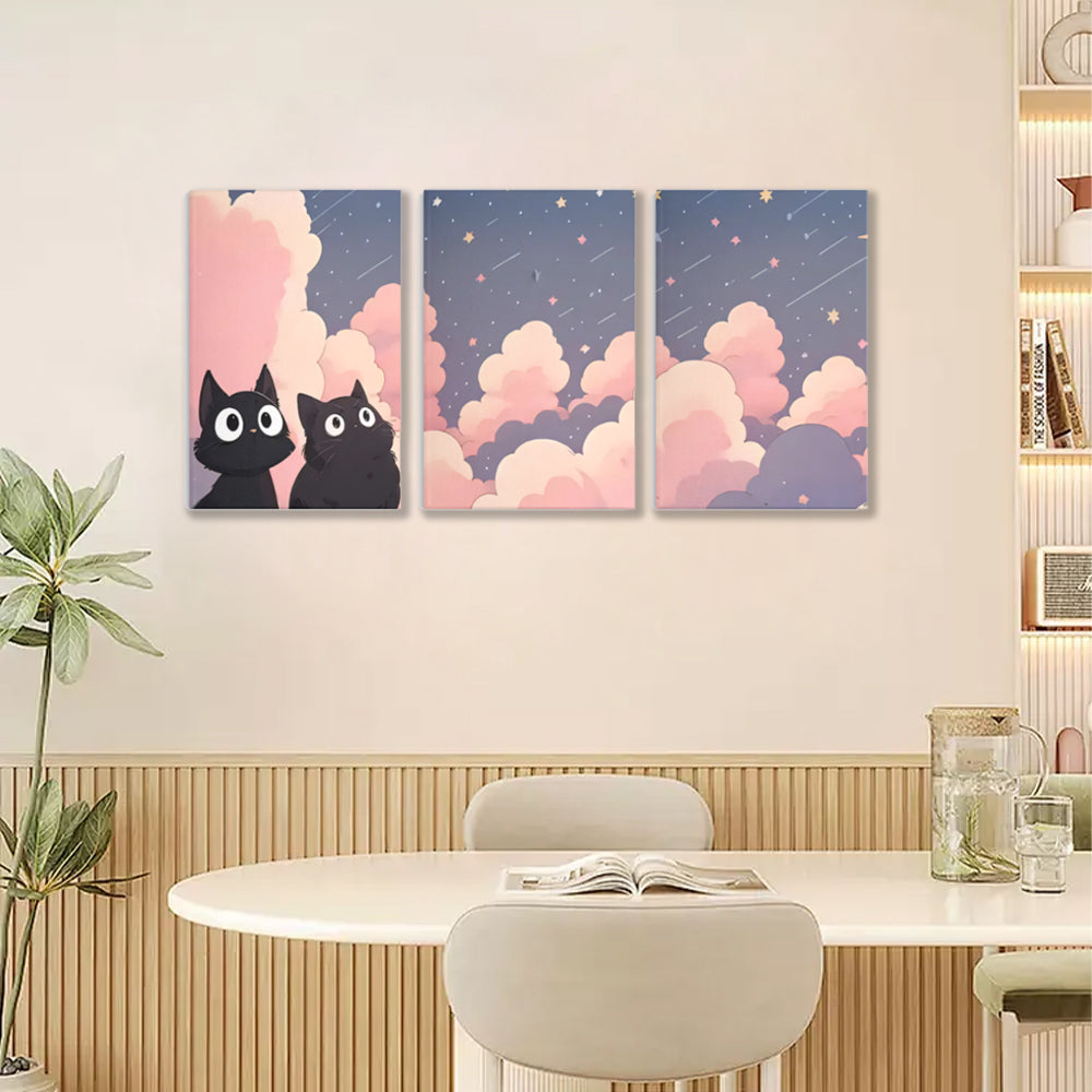 Creative Kitten In The Clouds,Triple Frameless Canvas Painting.