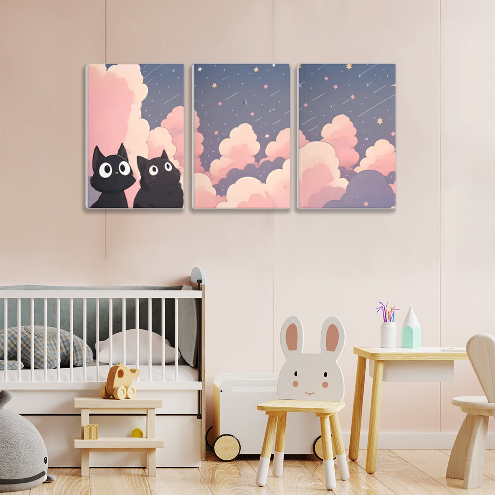 Creative Kitten In The Clouds,Triple Frameless Canvas Painting.