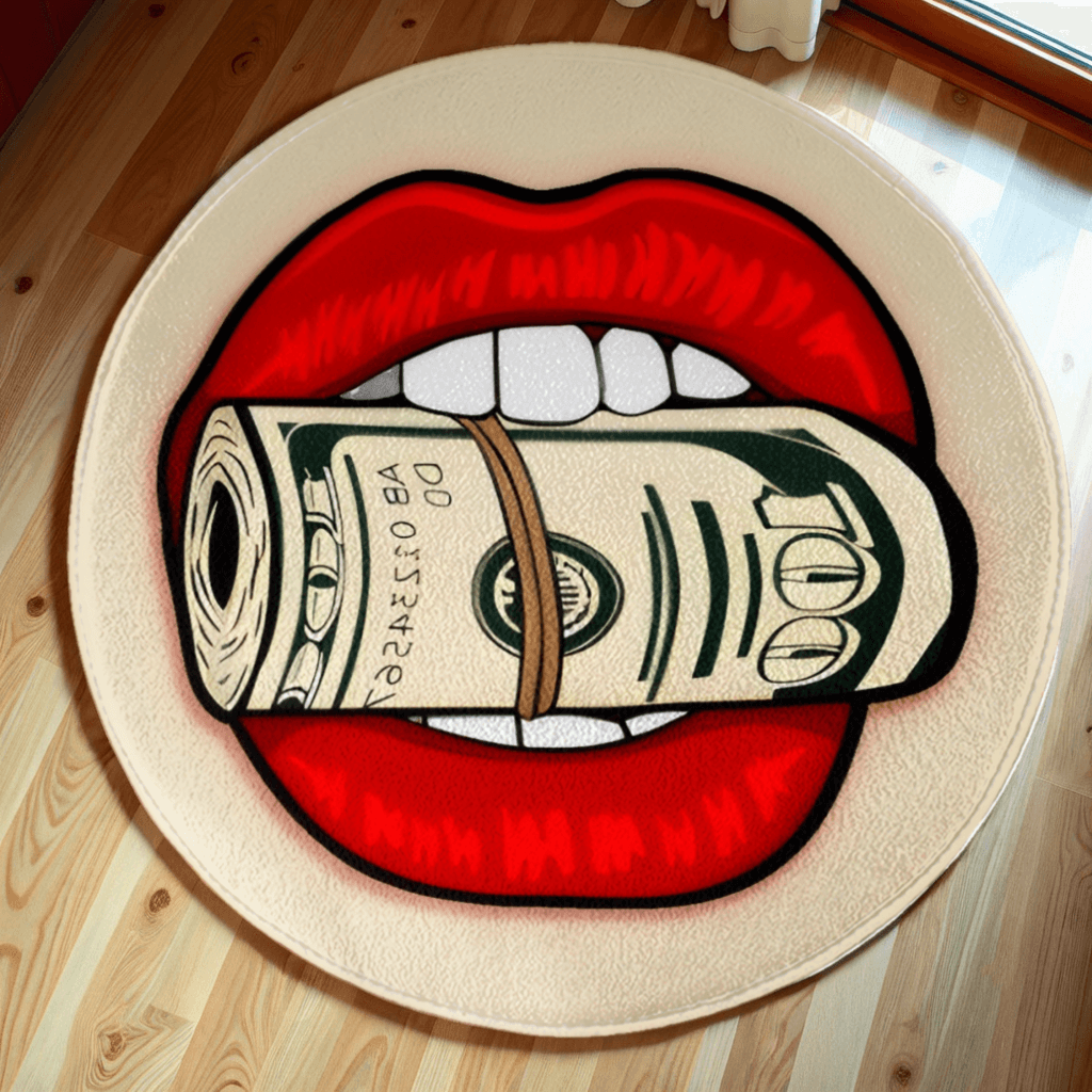 Abstract Lip Dollar Banknote Decoration, Round Non-Slip Soft And Comfortable Floormat