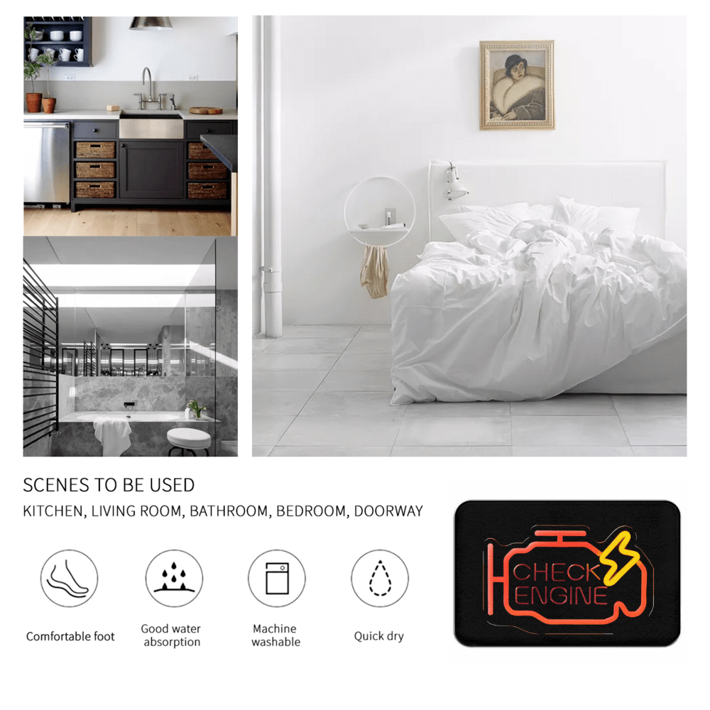 Check Engine Design, Rectangular Non-Slip Soft And Comfortable Floormat