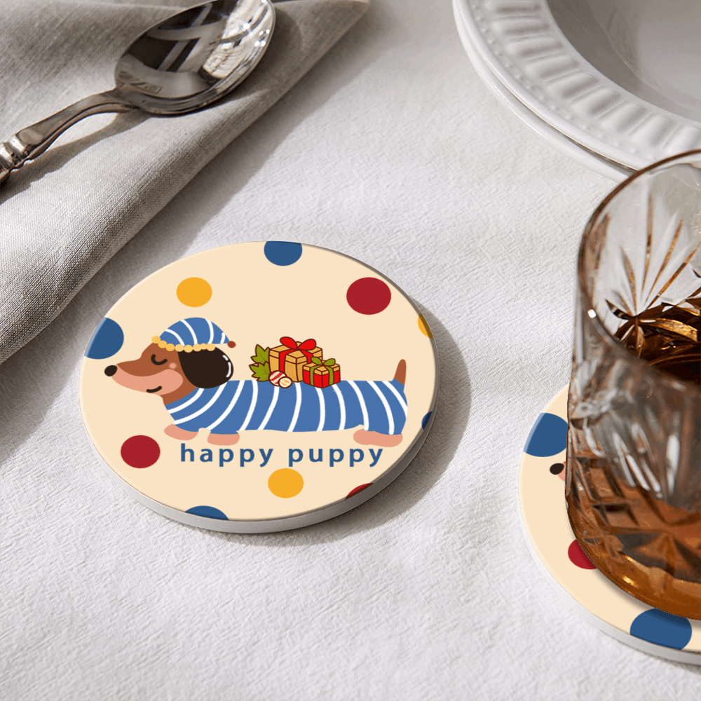 Cartoon Dachshund Dog Pattern, Round Ceramic Coaster (Combination Set)