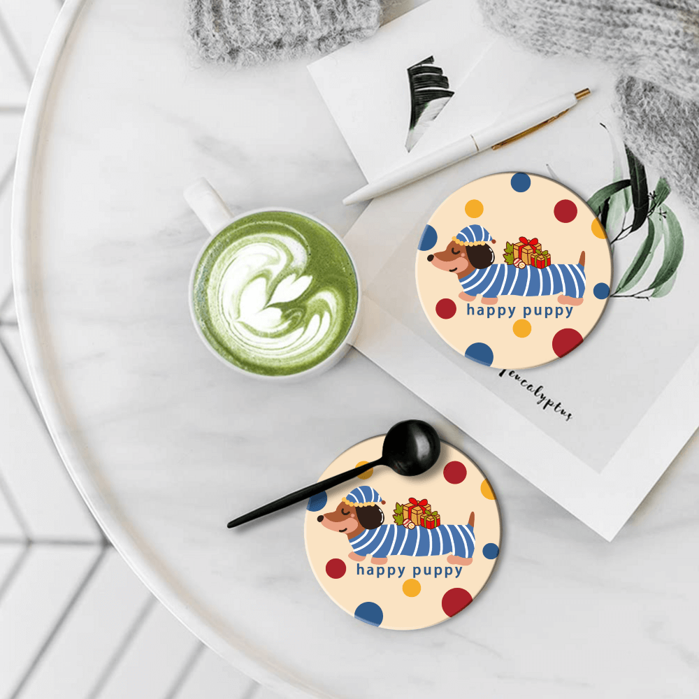 Cartoon Dachshund Dog Pattern, Round Ceramic Coaster (Combination Set)