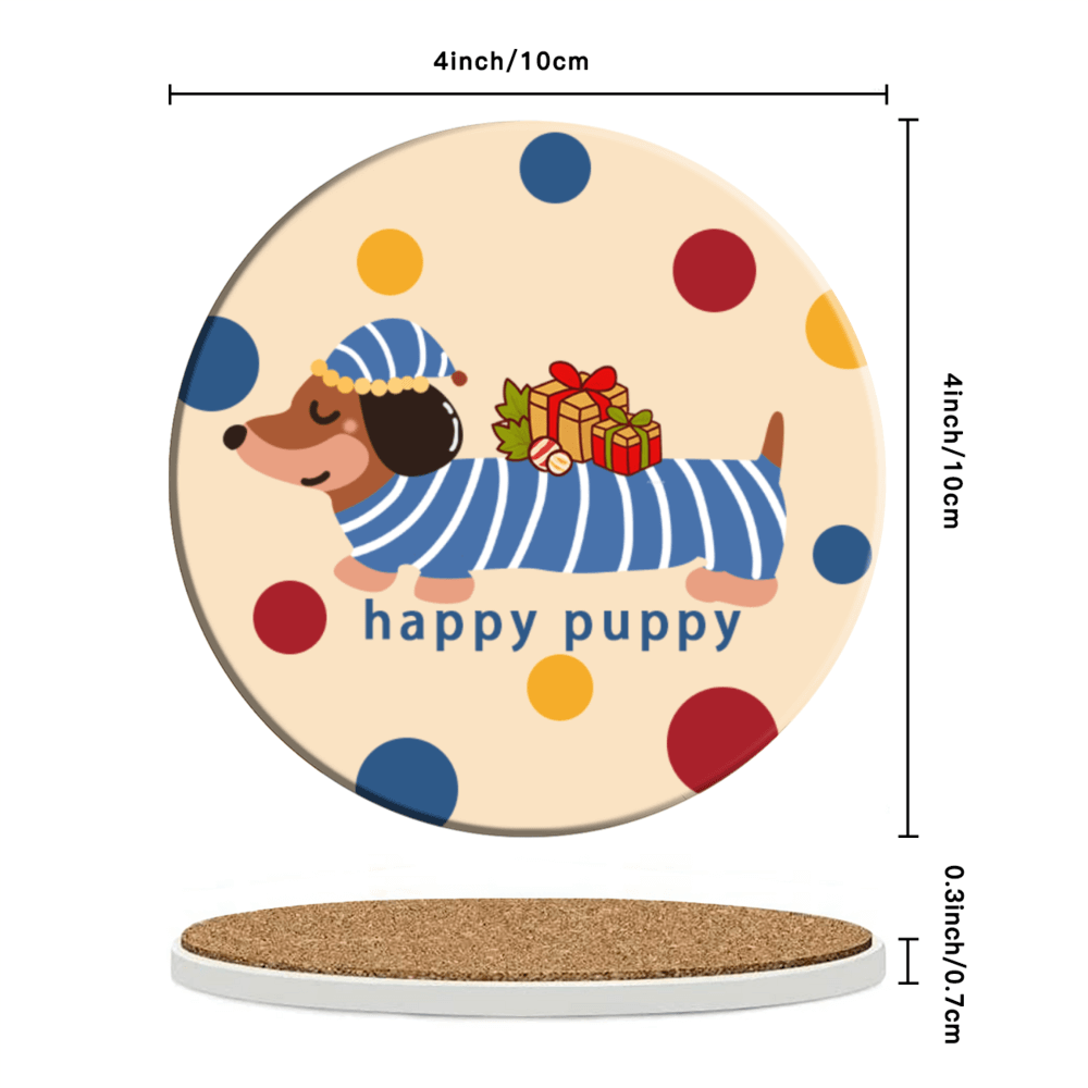 Cartoon Dachshund Dog Pattern, Round Ceramic Coaster (Combination Set)