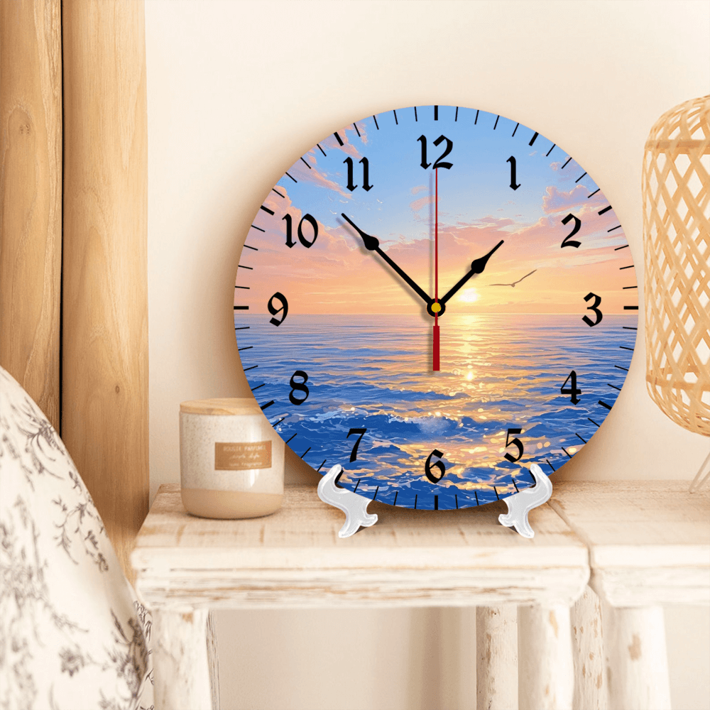 Creative Illustration Of Sunrise At Sea, Round Stylish Luxury Digital Wall Clock