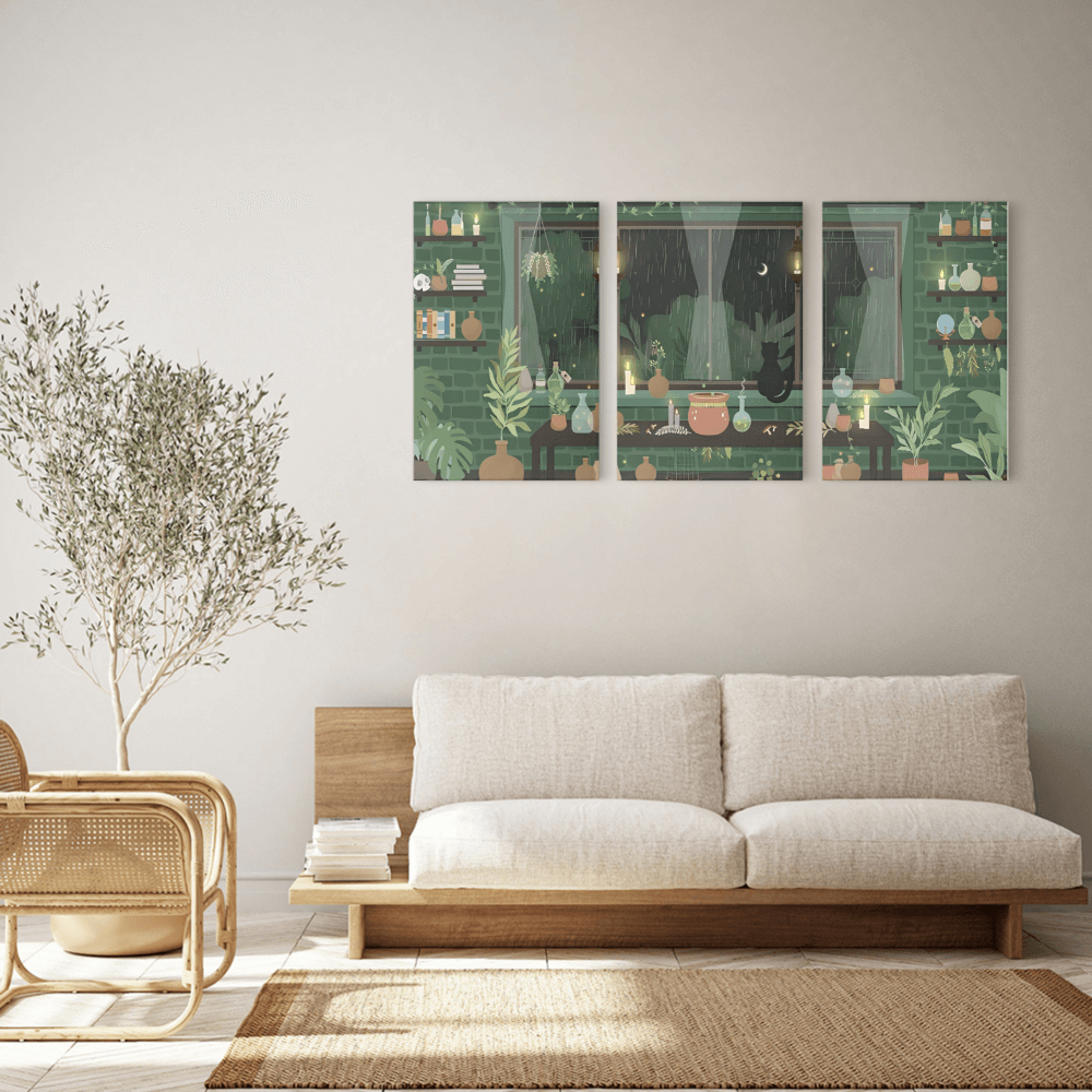 Rainy Day Interior Illustration, Triple Frameless Canvas Painting