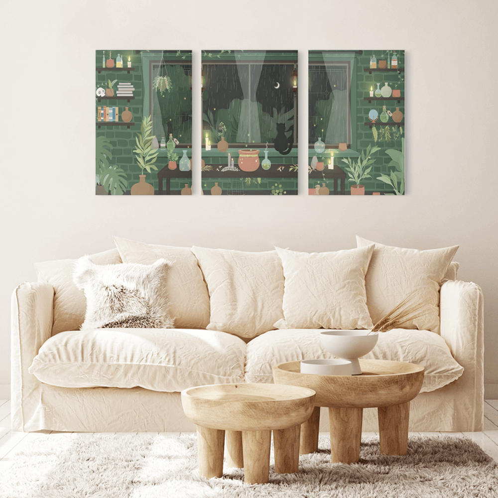 Rainy Day Interior Illustration, Triple Frameless Canvas Painting