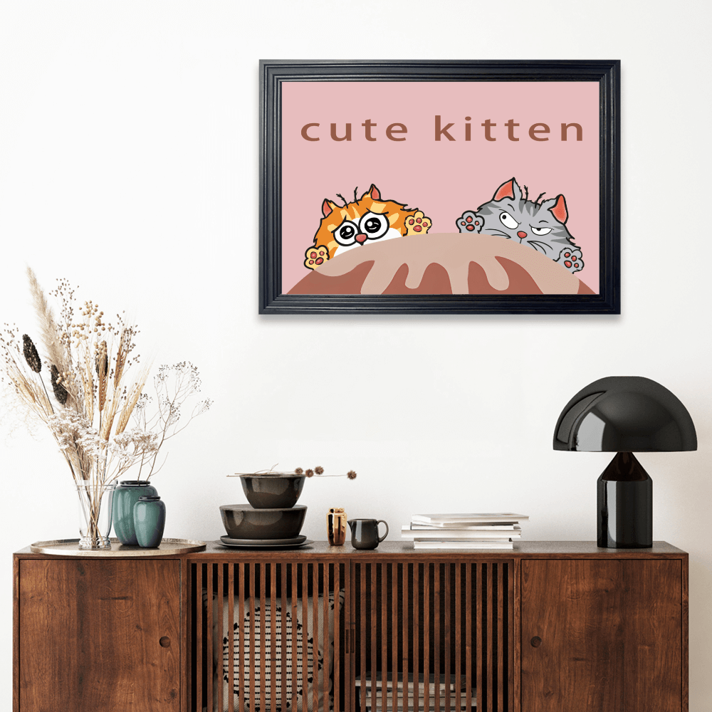 Cute Kitten Creative Pattern, Horizontal Framed Simple Decorative Canvas Painting