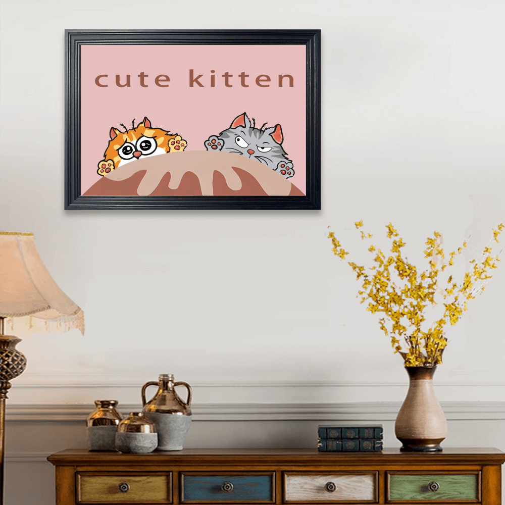Cute Kitten Creative Pattern, Horizontal Framed Simple Decorative Canvas Painting