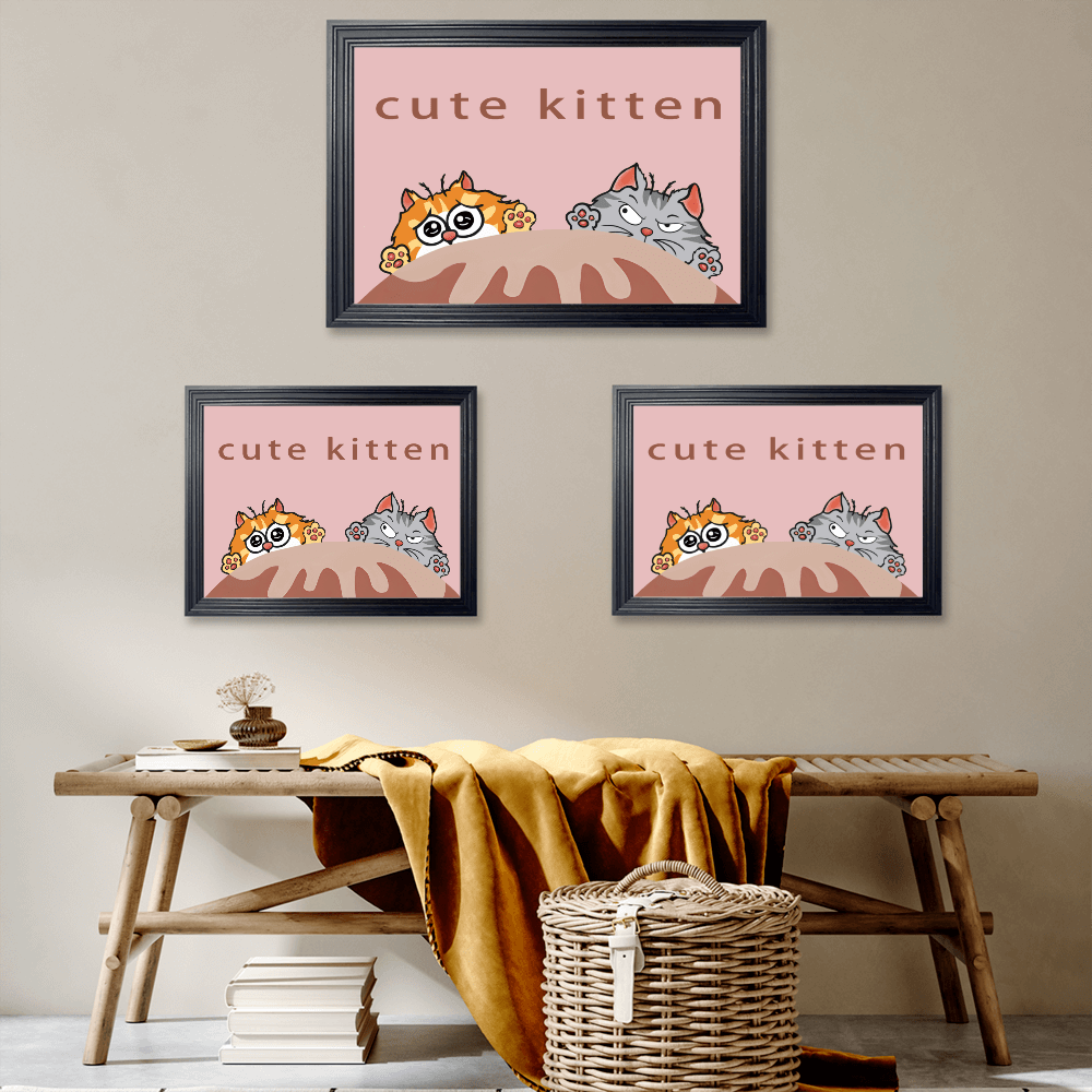 Cute Kitten Creative Pattern, Horizontal Framed Simple Decorative Canvas Painting