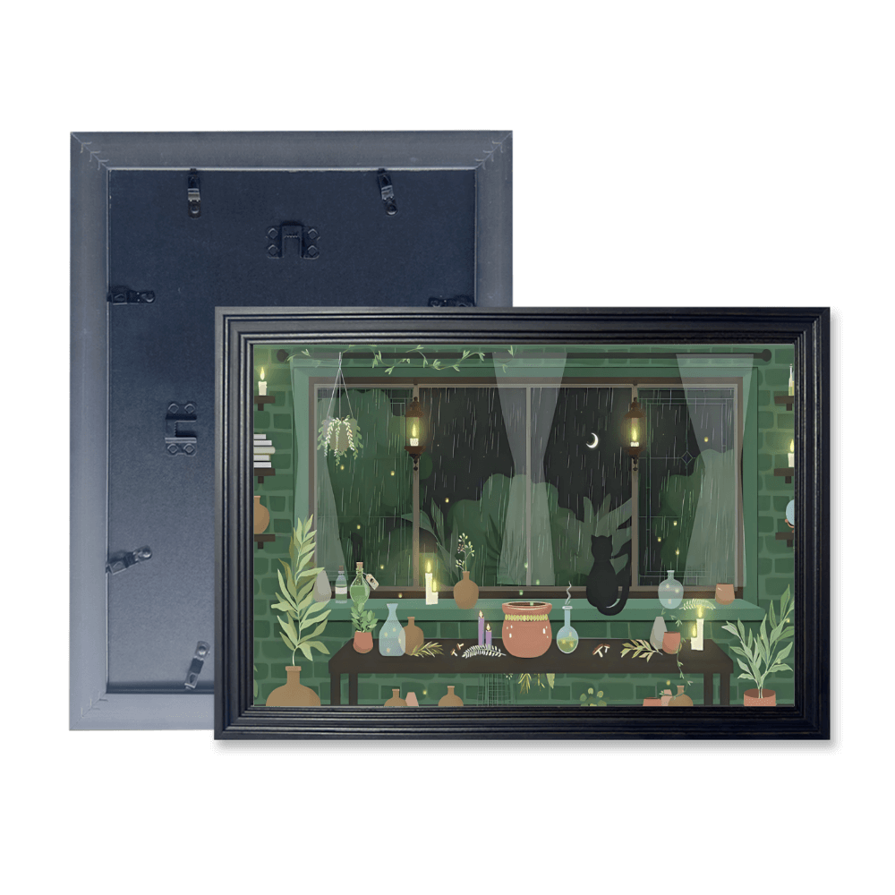 Creative Illustration Of Green Plants Indoors On A Rainy Day, Horizontal Framed Simple Decorative Canvas Painting